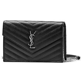 Saint Laurent Envelope Chain Shoulder Bag with Silver Hardware Black Black