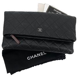 Chanel Caviar Silver-tone Folding Clutch Black