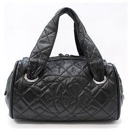 Chanel Black Caviar Silver Timeless Bowling Bag Tote Black