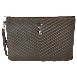 Saint Laurent Matelassé Silver Clutch Brown