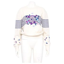 Chanel Gestreickter Cashmere-Pullover mit Blumenmuster für Damen mit Rundhalsausschnitt Weiß