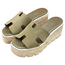 Hermès Sandales Eje en daim Khaki Marron