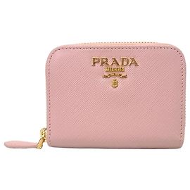 Prada Light Pink Saffiano Gold Metal Logo Coin Card Holder Pink