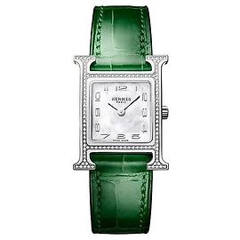 Hermès Relógio Heure para Mulher Modelo Pequeno Prateado com Diamantes e Pulseira de Alligator Verde