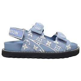 Louis Vuitton Monogram Paseo Denim-Flachsandalen mit Klettverschluss Blau