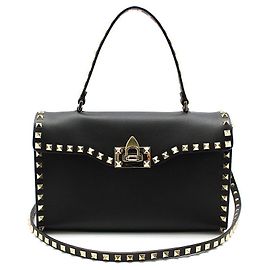Valentino Black Leather Gold Rockstud Single Handle Small Shoulder Bag Black