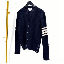 Thom Browne Diagonal Aran Cable Cardigan Navy Blue