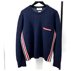 Thom Browne Shetland Crewneck Three-Stripe Knit Navy Blue