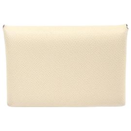 Hermès Epsom Calfskin Silver Calvi Duo Compact Card Holder Stamp) White