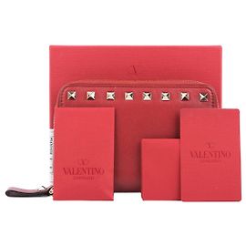 Valentino Red Leather Rockstud Zip Wallet Red