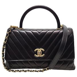 Chanel Black Vintage Calfskin Chevron Coco Handle Medium Black