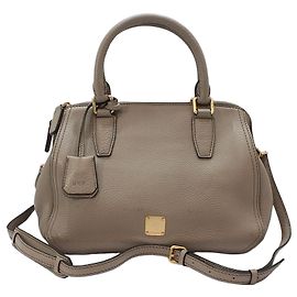MCM Bolsa de ombro e transversal em couro bege cinza com banho de ouro Marrom