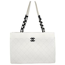 Chanel Bolsa Shopper CC Logo White Caviar com corrente Large Series Branco