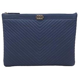 Chanel Clutch Chevron Boy New Medium Navy Silver Series Blu