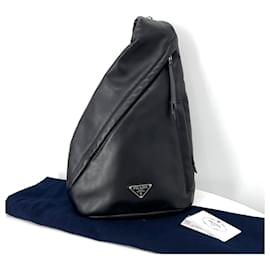 Prada Triangle Logo Leather Slingback Backpack Black Black