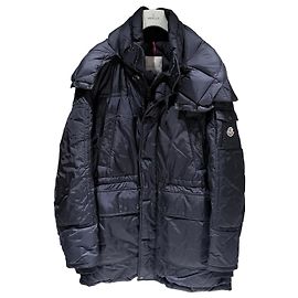Moncler Logo Patch Hooded Long Down Jacket Navy Blue