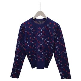 Louis Vuitton Pull en maille jacquard monogramme multicolore bleu marine Bleu