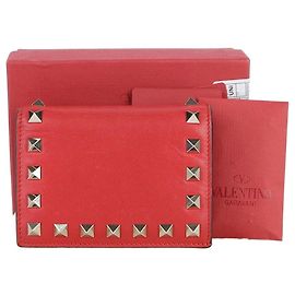 Valentino Rockstud Compact Wallet Red Leather Red