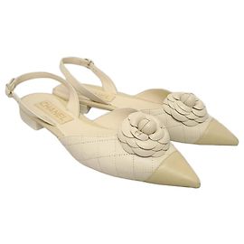 Chanel Beige Lambskin Two-Tone Camellia Flat Slingback Brown