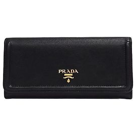 Prada Black Saffiano Metal Leather Flap Wallet Black