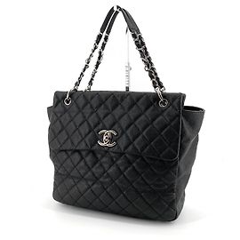 Chanel Sac Cabas à Épaule Large en Caviar Argent Noir