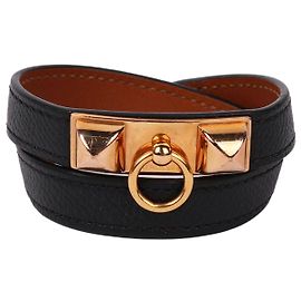 Hermès Pulseira dupla reversível em couro preto Preto