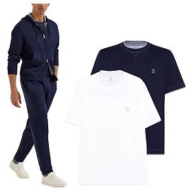 Brunello Cucinelli Double Layer Stitch T-Shirt with Logo Embroidery Blue