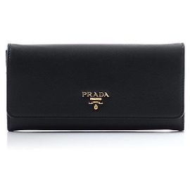 Prada Saffiano Gold Logo Long Wallet Black