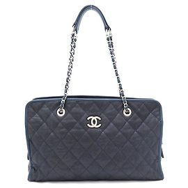Chanel Bolsa de ombro com corrente prateada e logotipo CC em caviar Azul