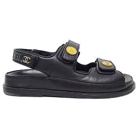 Chanel Black Lettering Patch Leather Strap Velcro Sandals Black
