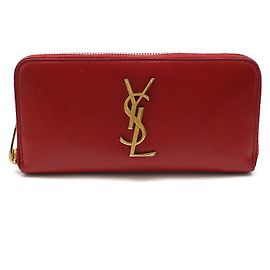 Saint Laurent Portafoglio lungo con zip in caviar rosso e monogramma dorato Rosso
