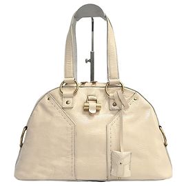 Saint Laurent Bolsa Tote Muse Gold Metallic Leather PM Ivory Branco