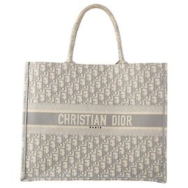 Dior Oblique Embroidery Gray Book Tote Bag Large Brown