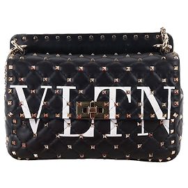 Valentino Rockstud VLTN Logo Black Chain Shoulder Bag Black