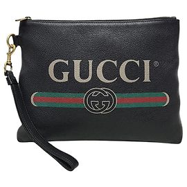 Gucci Black Web Logo Strap Leather Clutch Bag Black