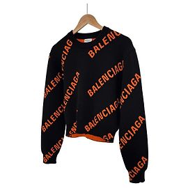 Balenciaga Suéter de malha de lã jacquard com multi logotipos para mulher Laranja Preto Preto