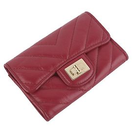 Chanel Vintage Gold Chevron Card Holder Red