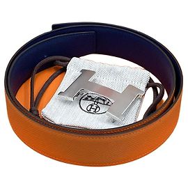 Hermès Reversible Men's Belt Navy/Orange Silver Blue