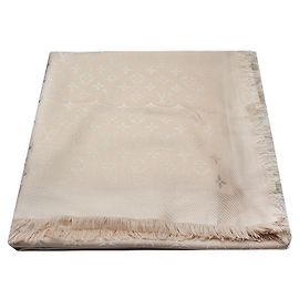 Louis Vuitton Sciarpa in lana e seta con monogramma beige e frange Marrone