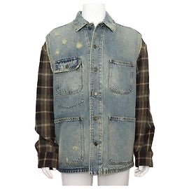 Gucci Check Sleeve Back Logo Lettering Men's Denim Jacket Brown