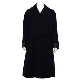 Hermès Doppelter Herren-Mantel aus Navy-Wolle mit schwarzem Lammfellfutter Blau