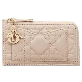 Dior Zipper Card Wallet Powder Beige Cannage Lambskin Black