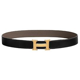 Hermès Cinto de couro reversível preto e cinza para homens com fivela dourada fosca Marrom