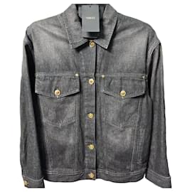 Versace Baroque Back Pattern Oversized Black Denim Jacket Blue