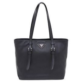 Prada Saffiano Shopper Bag with Silver Logo Black