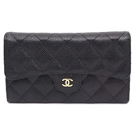 Chanel Black Caviar Gold CC Classic Flap Women's Long Wallet Black