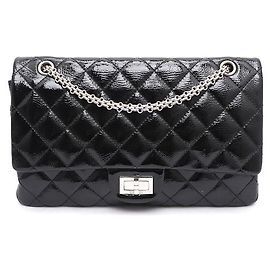 Chanel Vintage Large Silver Chain Shoulder Bag Black Patent Leather Black