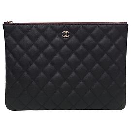 Chanel Pochette Medium Black Caviar CC Logo Silver Noir