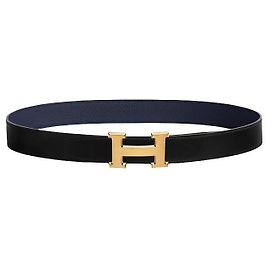 Hermès Buckle Reversible Black Navy Gold Matte Men's Leather Belt Blue