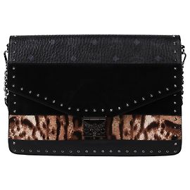 MCM Bolsa de ombro com corrente de leopardo e tachas Preto